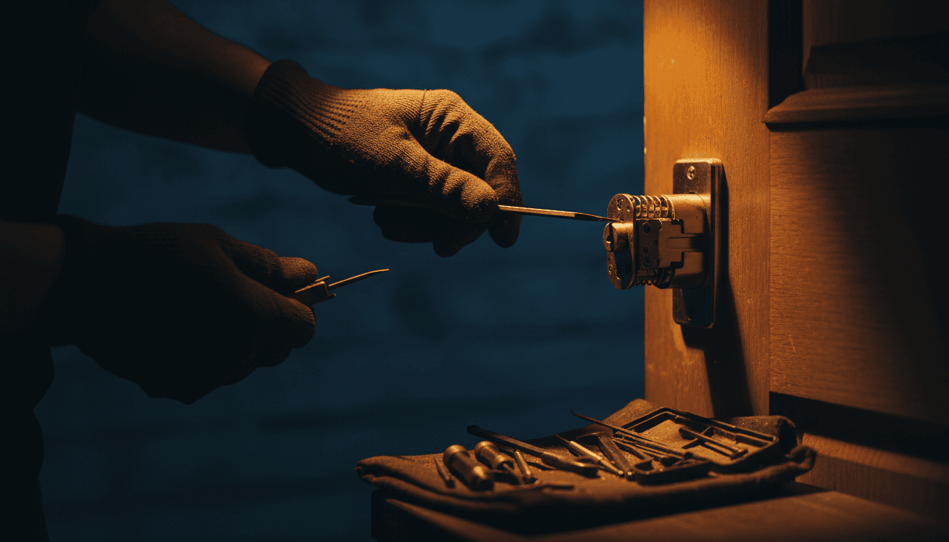 Professional locksmith working on residential lock at night